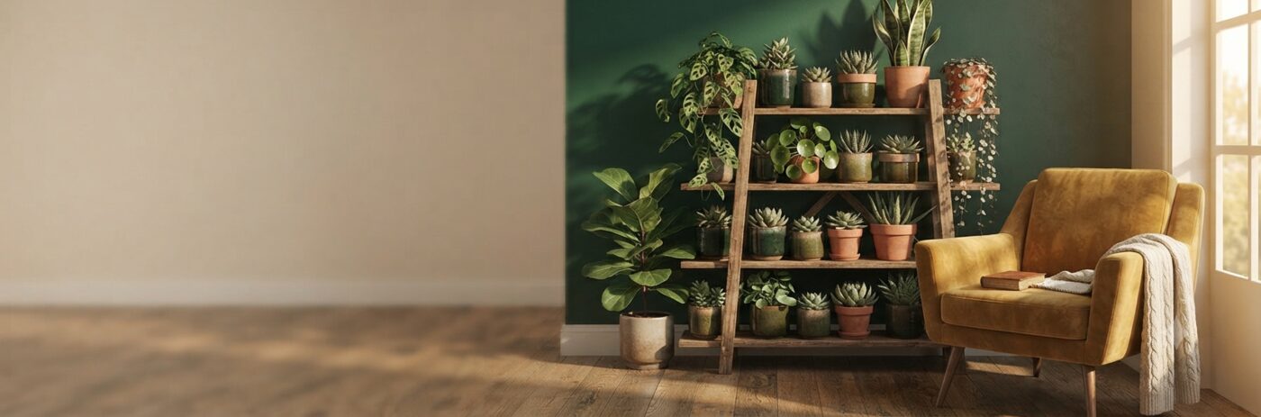 A styled shelf of indoor plants and decor
