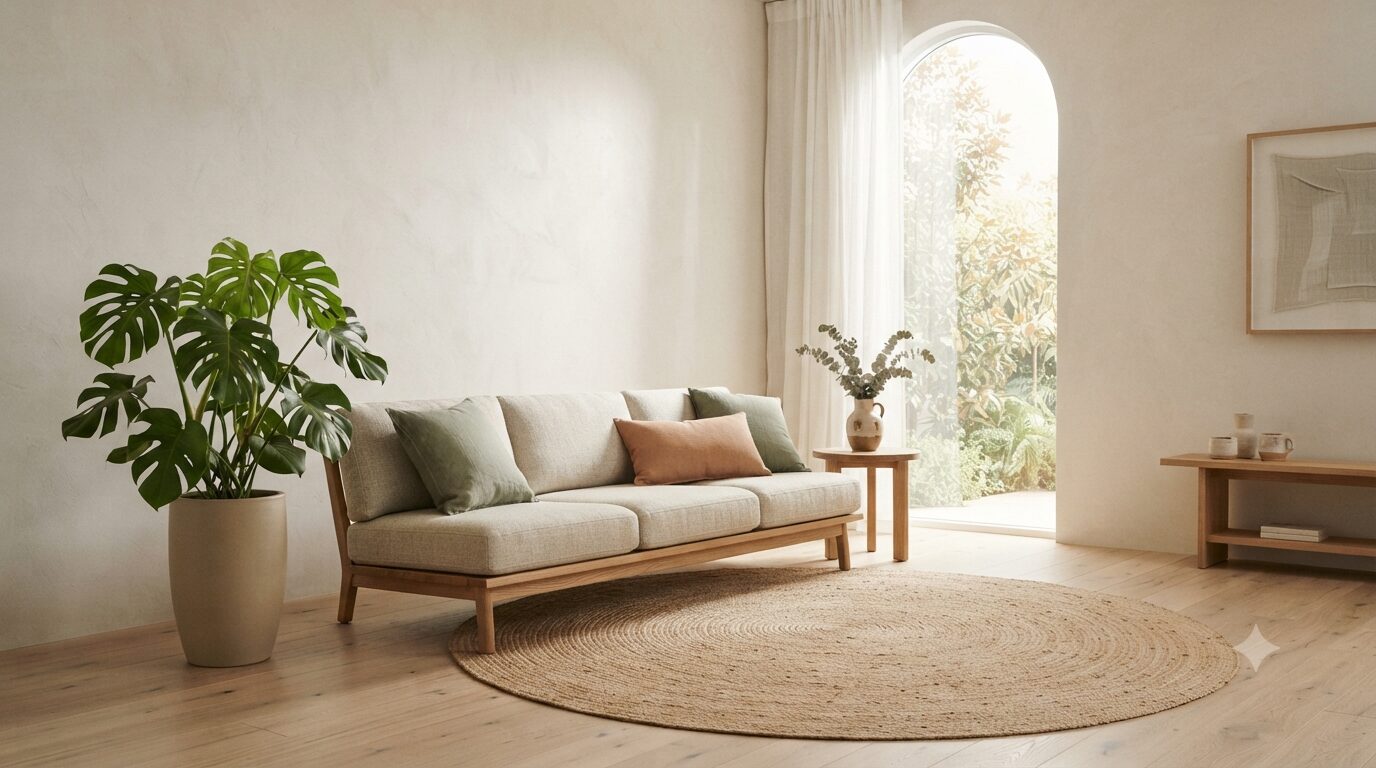 A calm, sunlit living room styled with modern furniture